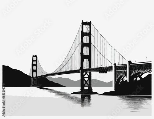 Golden Gate Bridge in black and white illustration on a white ba