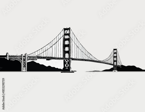 Golden Gate Bridge in black and white illustration on a white ba