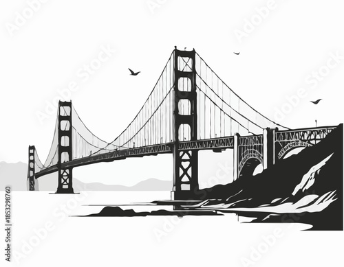 Golden Gate Bridge in black and white illustration on a white ba