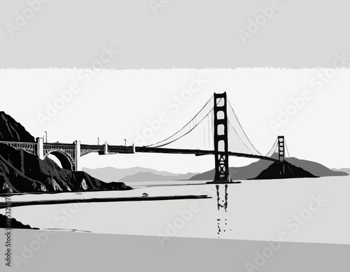 Golden Gate Bridge in black and white illustration on a white ba