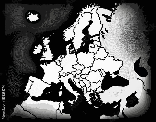 Detailed woodcut drawing of Europe map in black and white illust