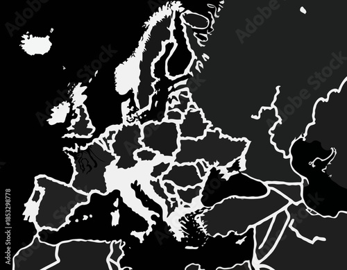 Detailed woodcut drawing of Europe map in black and white illust