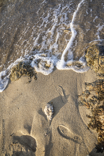 footprints in the sand next to the clear waters of the sea