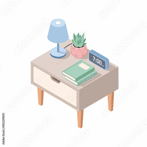 Isometric Detailed Nightstand with Lamp, Book, Clock and Plant Illustration