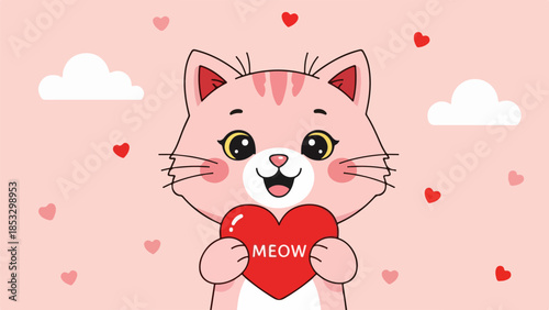 Pink cat holding a red heart with the word MEOW on a soft pink background with red hearts and white clouds