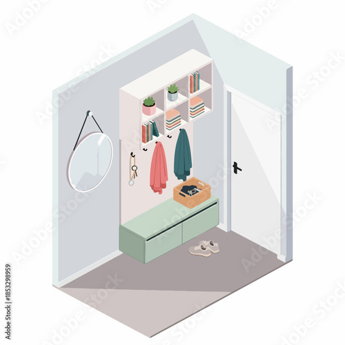 Isometric Detailed Hallway Interior with Storage and Minimalist Decor Illustration