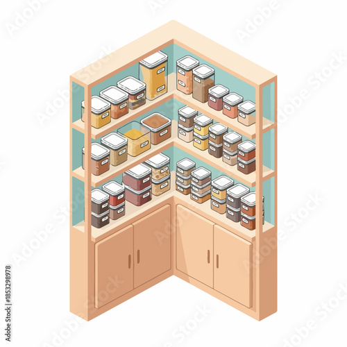 Isometric Detailed Pantry Storage Solution Shelves Full of Foodstuff Illustration