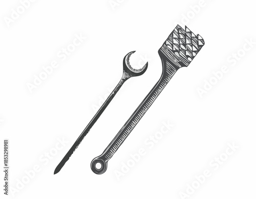 Monochrome illustration showcasing a vintage rasp tool with a wo