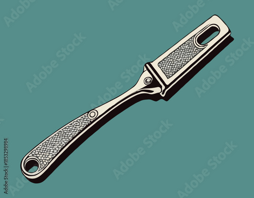 Monochrome illustration showcasing a vintage rasp tool with a wo