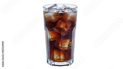 Refreshing cola drink with ice cubes in glass isolated PNG, fizzy beverage for summer refreshment and party celebrations