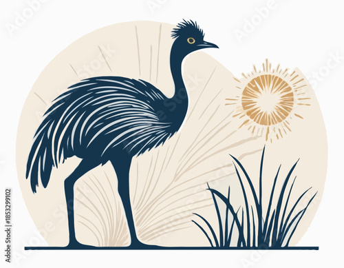 Artistic depiction of an emu bird in a stylized woodcut illustra