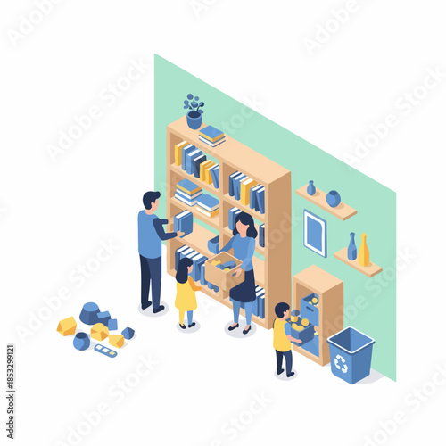 Isometric Illustration of Family Organizing Books and Recycling Garbage at Home
