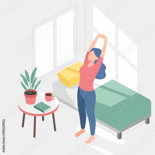 Isometric Illustration of a Woman Stretching in Her Bedroom in the Morning