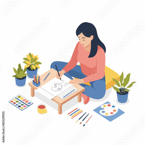 Isometric Woman Drawing at Home Illustration with Plants and Art Supplies