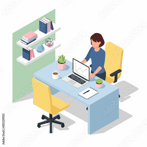 Isometric Detailed Home Office Workspace with Laptop Illustration