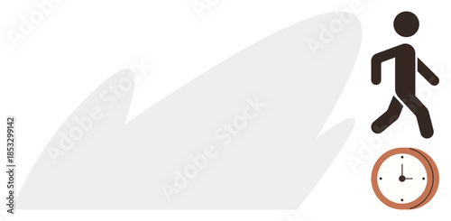 Walking person next to small clock symbolizing time management, deadlines, and progress. Ideal for productivity, scheduling, prioritization, efficiency, routines, punctuality simple flat metaphor