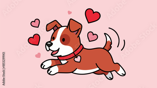 Cartoon illustration of a brown and white dog mid-leap with a red collar and heart-shaped tag surrounded by floating hearts