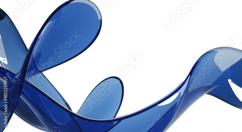 translucent sapphire and navy abstract glass ribbons demonstrating smooth, liquid flow, set on a luminous white gradient background with ample negative space. Concept for corporate design.
