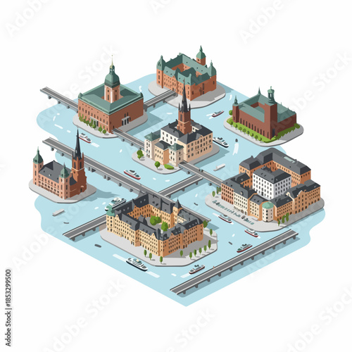 Isometric Detailed Illustration of Stockholm Cityscape with Buildings and Water