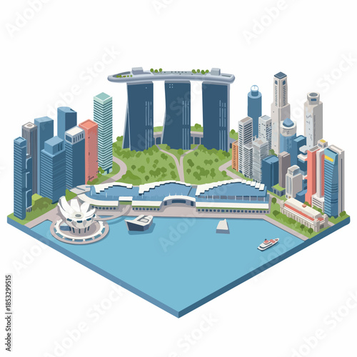 Isometric Detailed Singapore Skyline Cityscape Urban Landscape Illustration