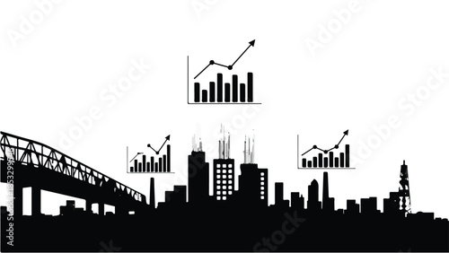 Modern city skyline with bridge and growing business graphs charts rising above buildings urban landscape silhouette