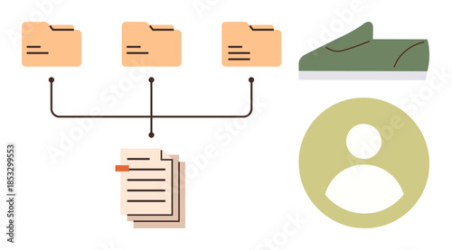 Networked folders connected to documents, user profile icon, and a green sneaker. Ideal for teamwork, organization, simplicity, technology, user experience, file sharing collaboration simple flat
