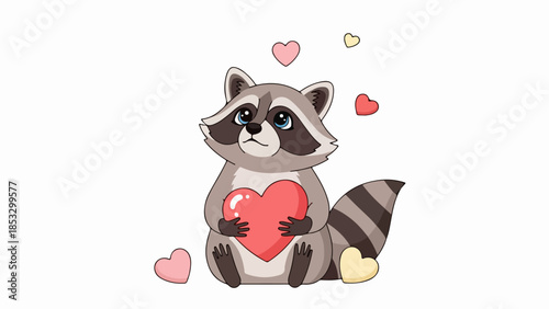 Raccoon holding a red heart surrounded by floating hearts in a digital illustration