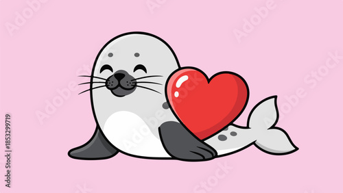 Cartoon seal holding a red heart on a light pink background