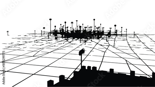 Futuristic cityscape with grid pattern and abstract infrastructure in black silhouette on white background, representing modern urban planning and technology
