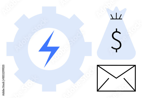 Gear with lightning bolt, bag with dollar sign, and envelope depict innovation, financial success, and communication. Ideal for business solutions, fintech, energy, investment email marketing