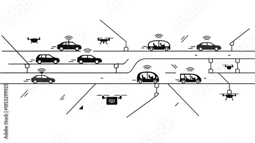 Futuristic transportation system with cars drones and animals on elevated roads and in air