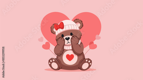 Charming teddy bear illustration with red heart on belly and white knitted hat with red bow