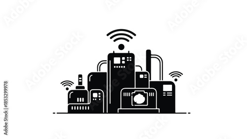 Industrial factory with Wi-Fi connectivity, modern technology and manufacturing concept, black and white illustration