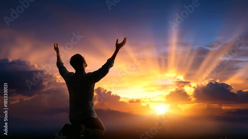 Silhouette of faceless person kneeling in prayer position with arms raised toward illuminated sky, spiritual devotion moment, defocused divine light rays, contemplative worship sce