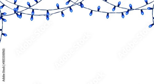Delicate sapphire blue string lights in elegant flowing swags, high-contrast minimalist illustration on transparent background with large copy space. Concept for elegant winter holiday design