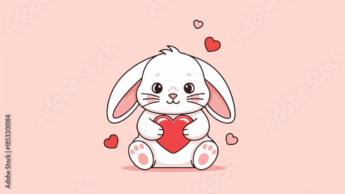 Cartoon rabbit holding a red heart surrounded by floating hearts on a light pink background