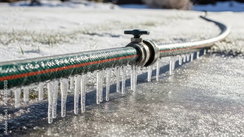 Ice on garden hose with a serene mood resting on the snowy ground