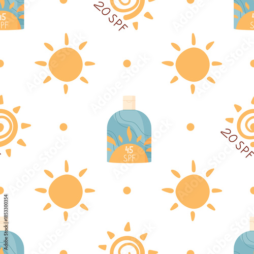 Flat sunscreen bottle, sun, seamless pattern. Spf bottle, sunblock, cream, logo in repeat structure. Lotion pattern for protection, summer care, skin cosmetic motif, seamless background.