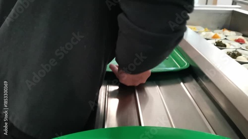 Customers slide trays along metal rails to select lunch dishes in a busy public dining room, showing a self-service cafeteria line and diverse meal options in high-quality 4k resolution.