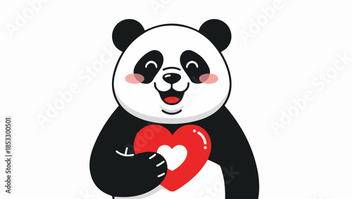 Stylized panda holding a red heart with a smaller white heart inside on a light background