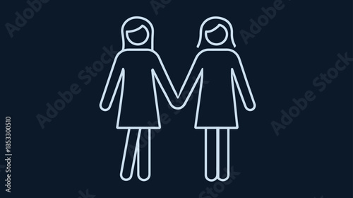 Outline icon of two women holding hands, representing a female couple, love, partnership, equality, and LGBTQ+ relationships.
