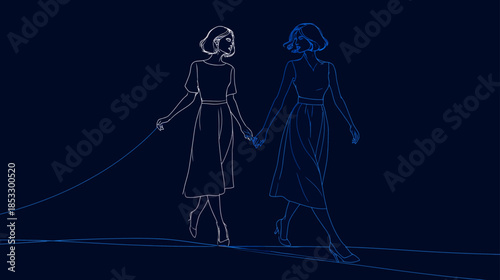 Elegant line art of two women in vintage dresses holding hands, representing connection, duality, and partnership on a dark blue background.
