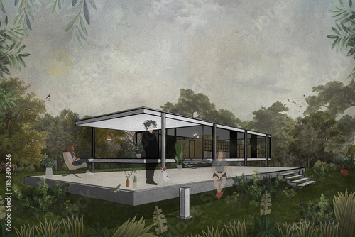 Schilderij op canvas Architectural Reverie - Digital Collage Inspired by a Modernist House