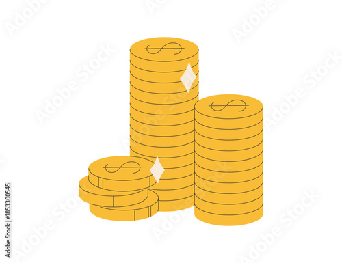 Golden metal money stack, dollar money cents stacked, dollar symbols on coins, cash savings, gold coins stack, american currency, earnings and savings, income, finance bonus flat vector illustration.