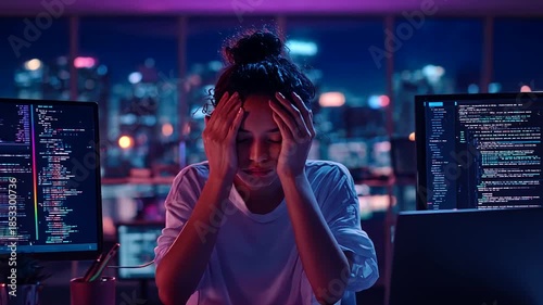 Stressed young woman working late at night with computer code on multiple monitors.