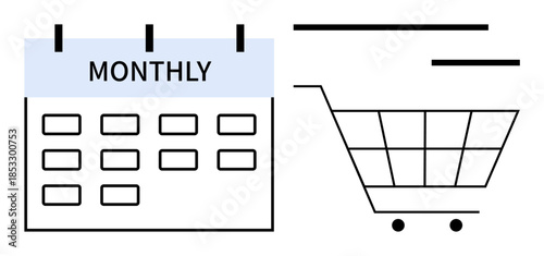 E-commerce, subscription payments, online shopping, scheduling, digital purchases, renewal plans. An icon of a calendar labeled Monthly and a shopping cart. E-commerce and subscription payments