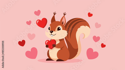 Cheerful cartoon squirrel holding a red heart on a pink background
