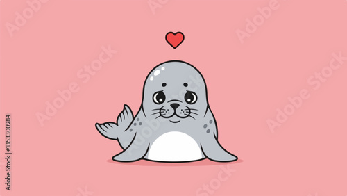 Cartoon-style illustration of a gray seal with white accents and a red heart on a pink background
