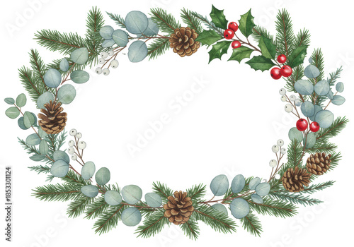 hand-painted watercolor fine art botanical frame, featuring intricate fir, holly leaves, crimson berries, and pinecones on white copy space background. concept of traditional holiday elegance
