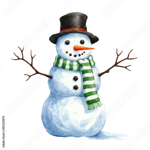 Charming traditional watercolor illustration of a snowman wearing a striped scarf and top hat, isolated on a transparent background. Concept of nostalgic winter holidays